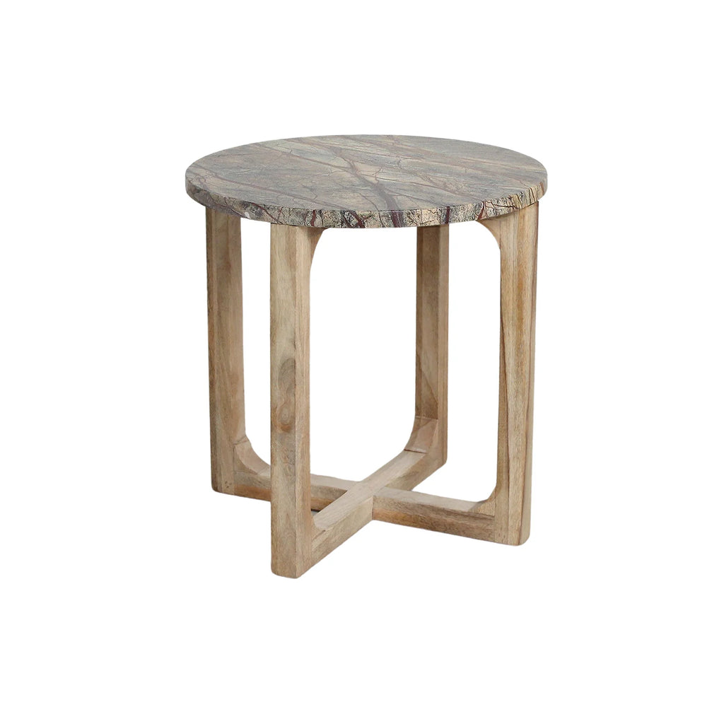 Table dappoint ronde marbre et bois naturel 50x50 cm