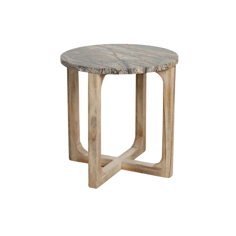 Table d’appoint ronde marbre et bois naturel – 50x50 cm