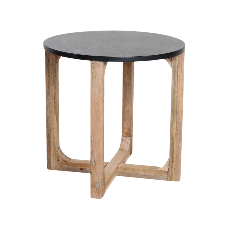 Table d’appoint ronde marbre noir et bois manguier clair – Ø50 cm