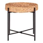Plateau en osier naturel avec cadre en métal noir, table ronde en métal et jacinthe d’eau Ø50 cm