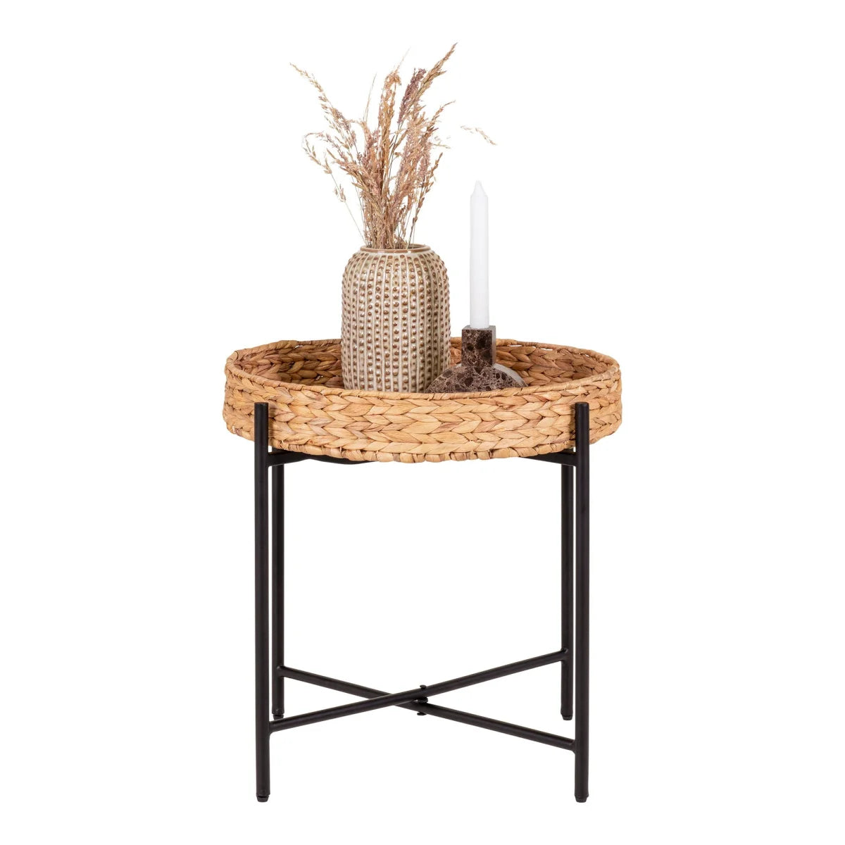Plateau en rotin tressé avec pieds en métal noir, table ronde Ø50 cm