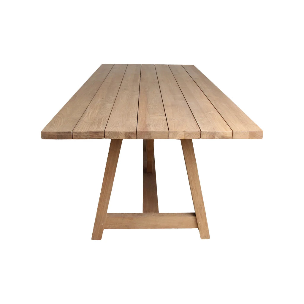 Table de jardin en teck massif pieds tréteaux 240x100 cm, plateau ajouré clair