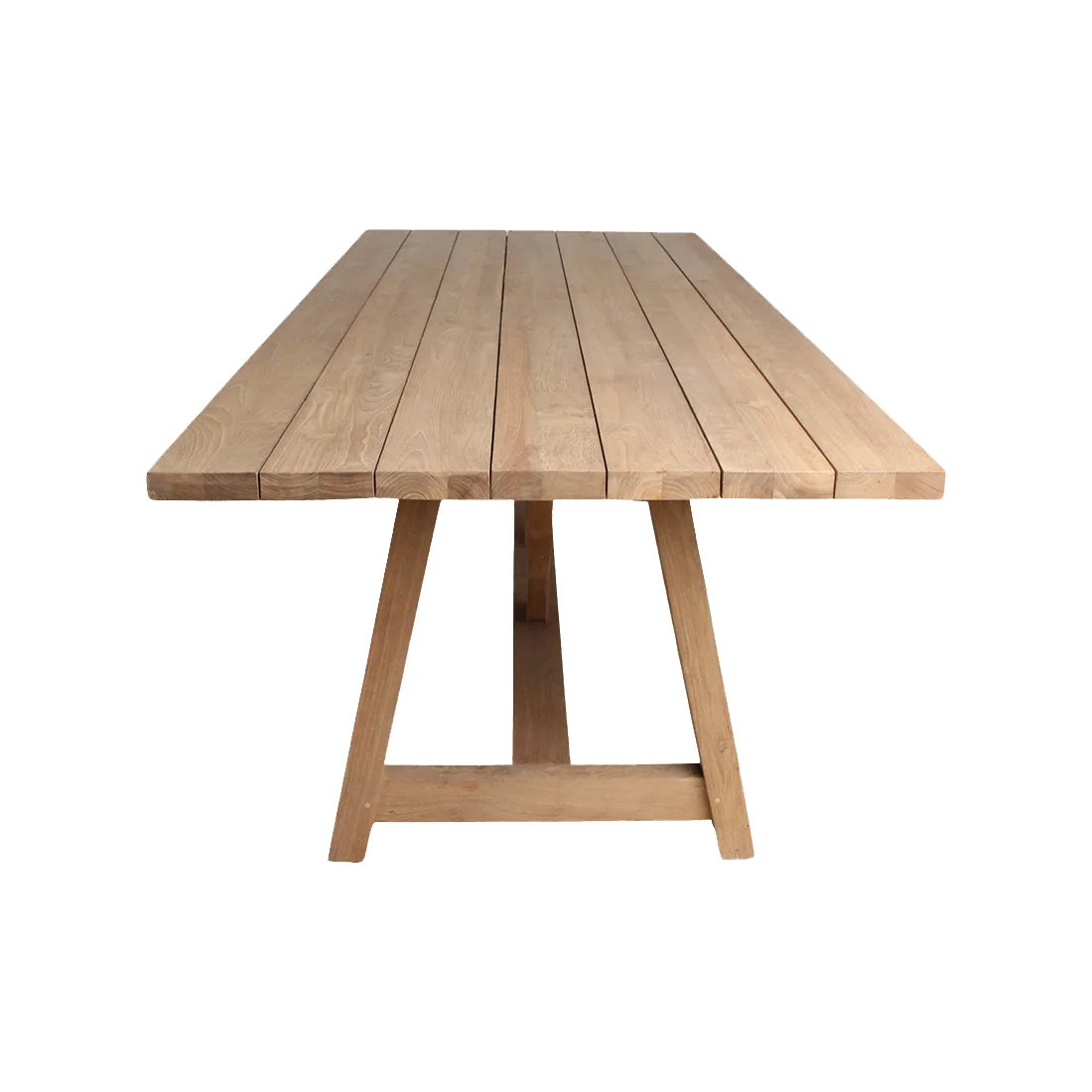 Table de jardin en teck massif pieds tréteaux 240x100 cm, plateau ajouré clair