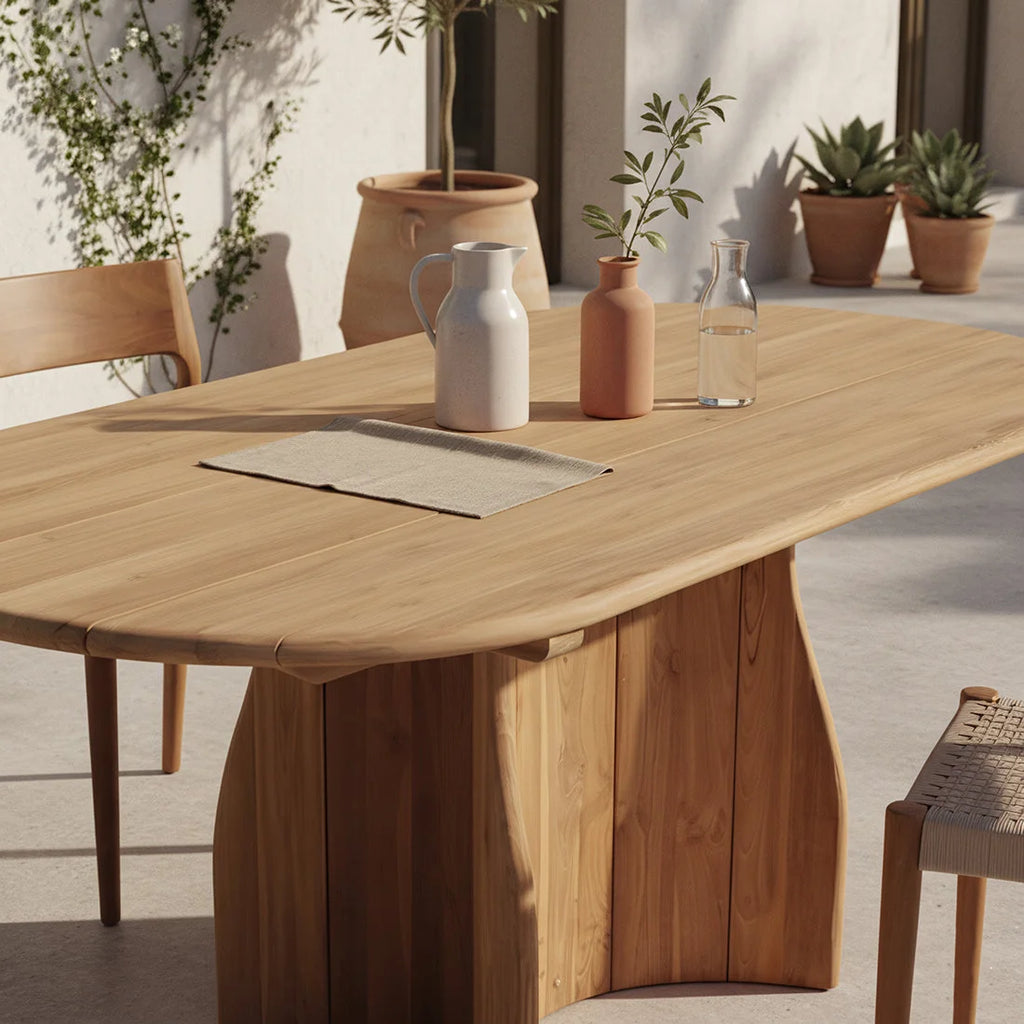 Table de jardin ovale en teck recyclé naturel, 200x90 cm, bois clair veiné