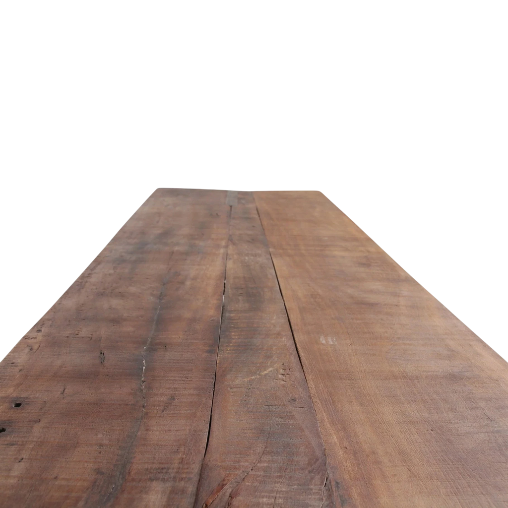 Table pliante en bois vintage brun, 170x60 cm, grain visible et imperfections naturelles