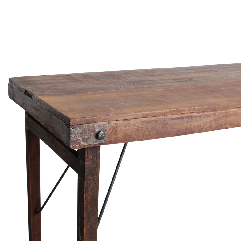 Table pliante en bois vintage brun avec piétement métal 170x60 cm