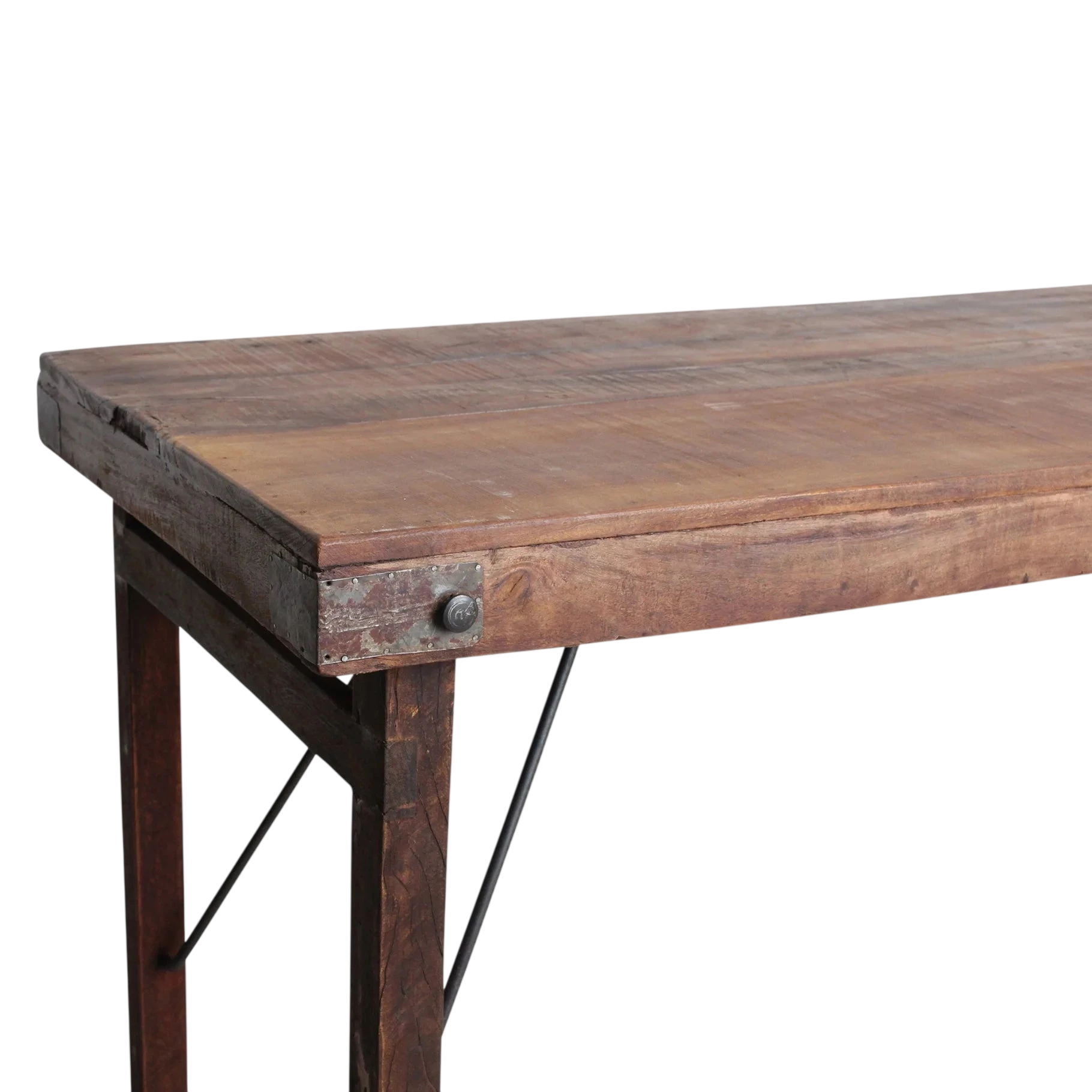 Table pliante en bois vintage brun avec piétement métal 170x60 cm