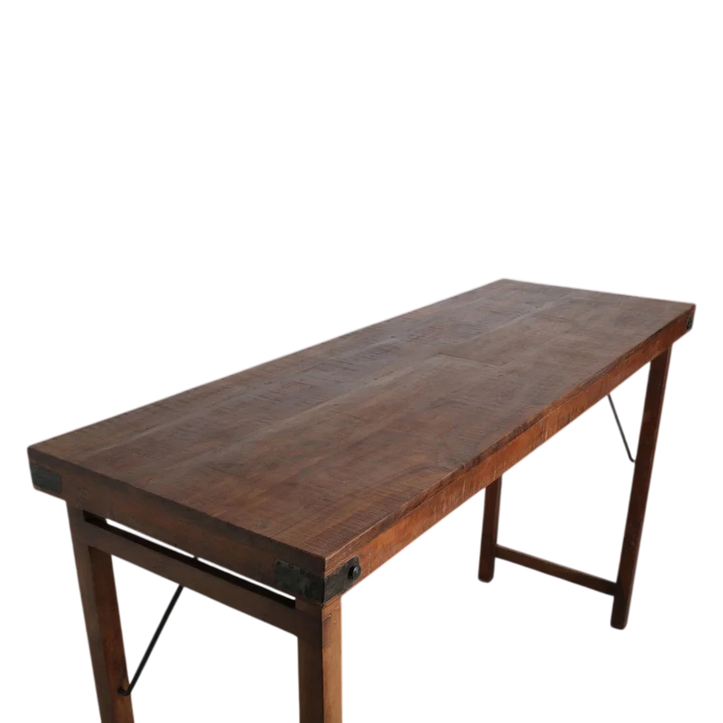 Table pliante en bois vintage brun avec piètement métal, 170x60 cm