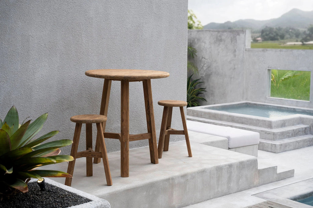 Tabouret de bar en teck recyclé naturel, siège rond, H66 cm