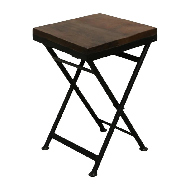 Tabouret pliant industriel bois recyclé brun et métal noir – 30x30x45 cm