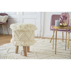 Tabouret rond crème en laine tissée à franges avec pieds en bois naturel H50 cm