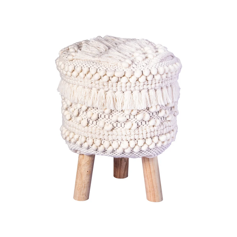 Tabouret rond en laine écrue à pompons sur pieds bois clair – H50 cm