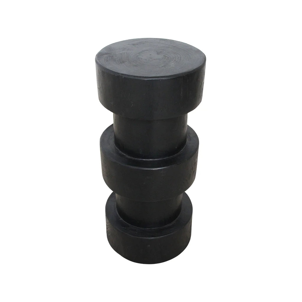 Tabouret en teck noir colonne H65 cm avec haltère caoutchouc noir mat empilé