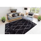 Tapis berbère à poils longs anthracite avec motifs losanges géométriques blancs
