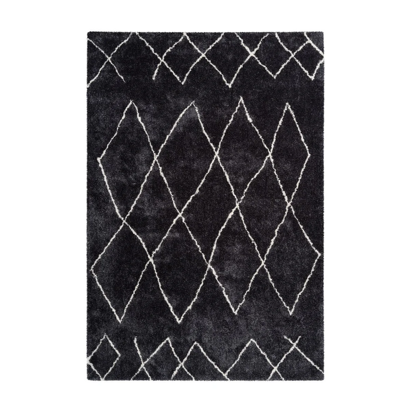 Tapis berbère à poils longs anthracite motif losanges géométriques