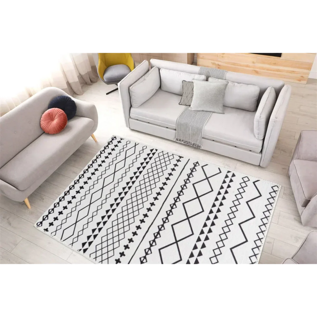 Tapis blanc avec motifs géométriques noirs, Maya 400 Weiß / Schwarz 160cm x 230cm