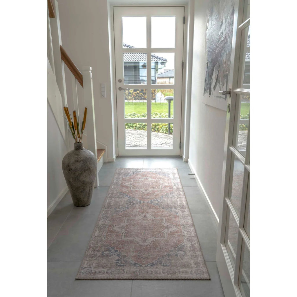 Tapis de couloir persan orange et bleu en polyester 80x200 vintage