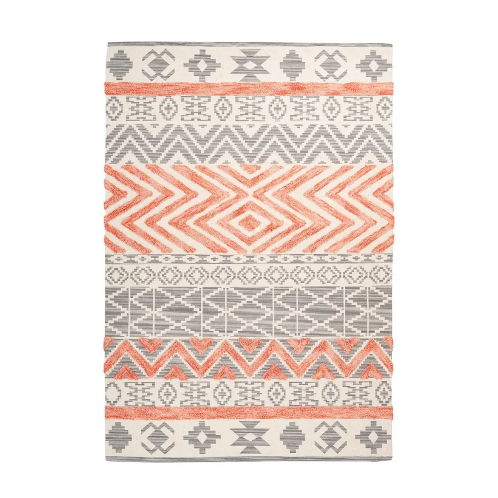 Tapis rectangulaire Ethnie 100 Grau / Apricot avec motif tribal gris, blanc et corail