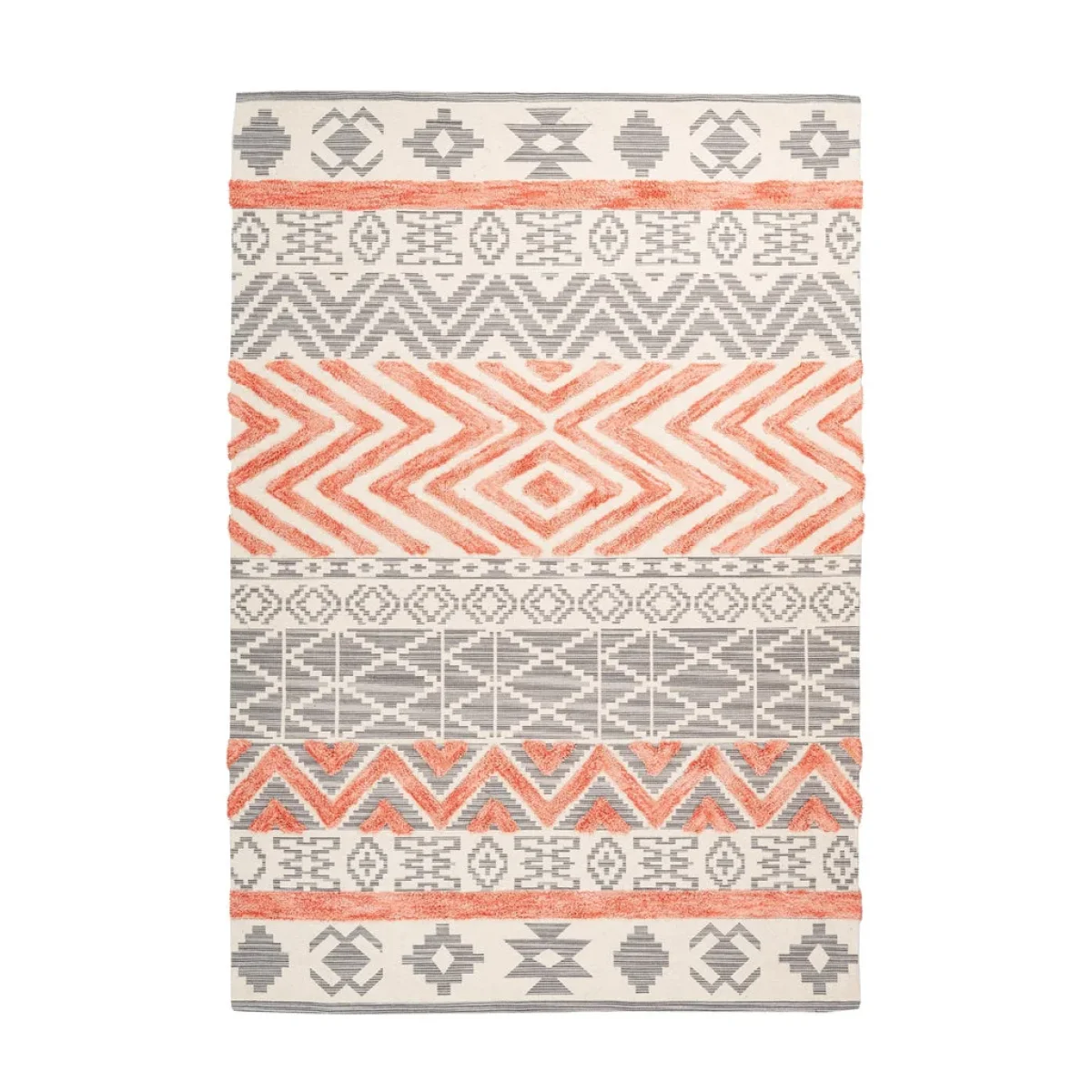 Tapis rectangulaire Ethnie 100 Grau / Apricot avec motif tribal gris, blanc et corail