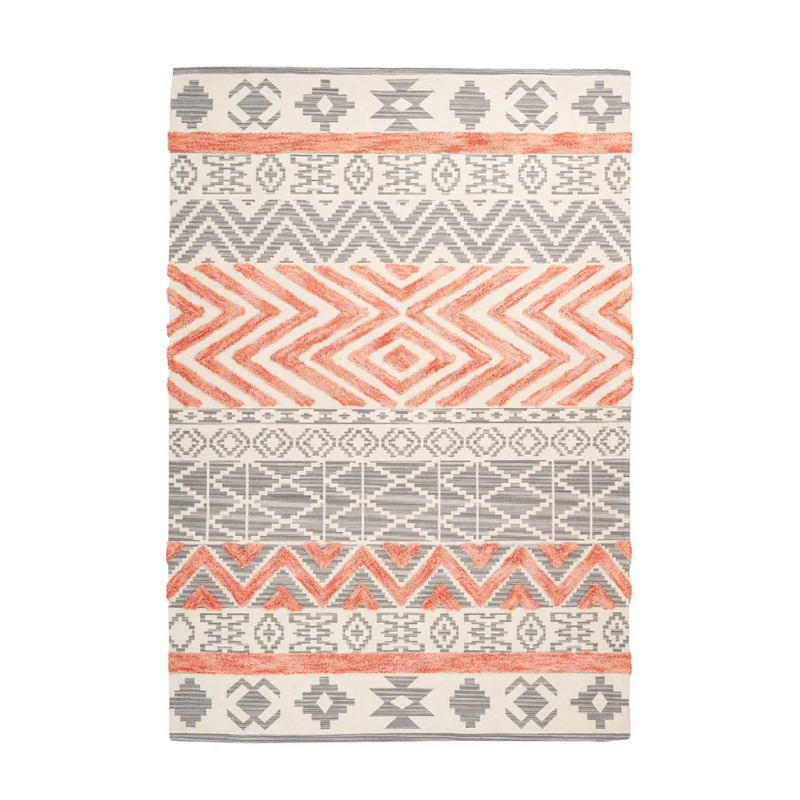 Tapis ethnique rectangulaire en coton gris et corail à motifs géométriques