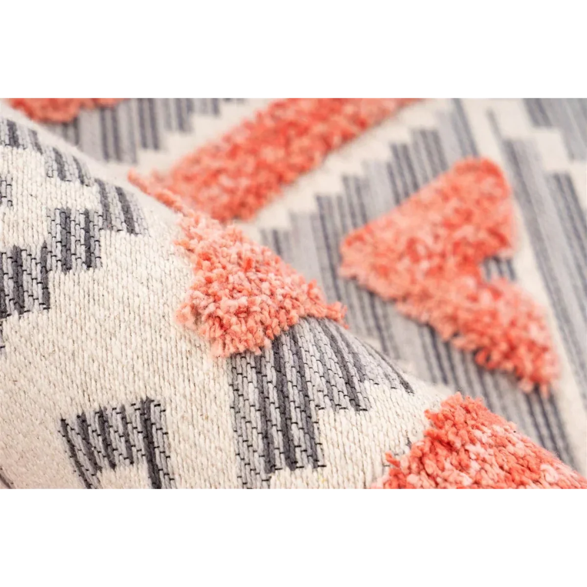 Tissu tissé avec motif géométrique texturé en gris, crème et corail pour Ethnie 100 Grau / Apricot 200cm x 290cm