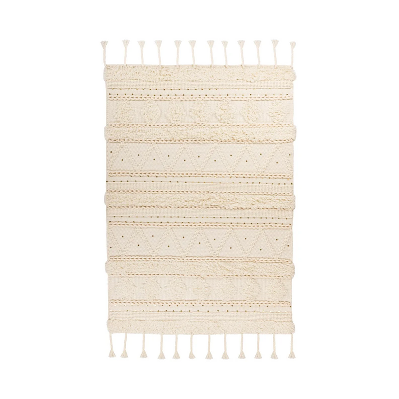 Tapis en laine écru à franges et motifs géométriques
