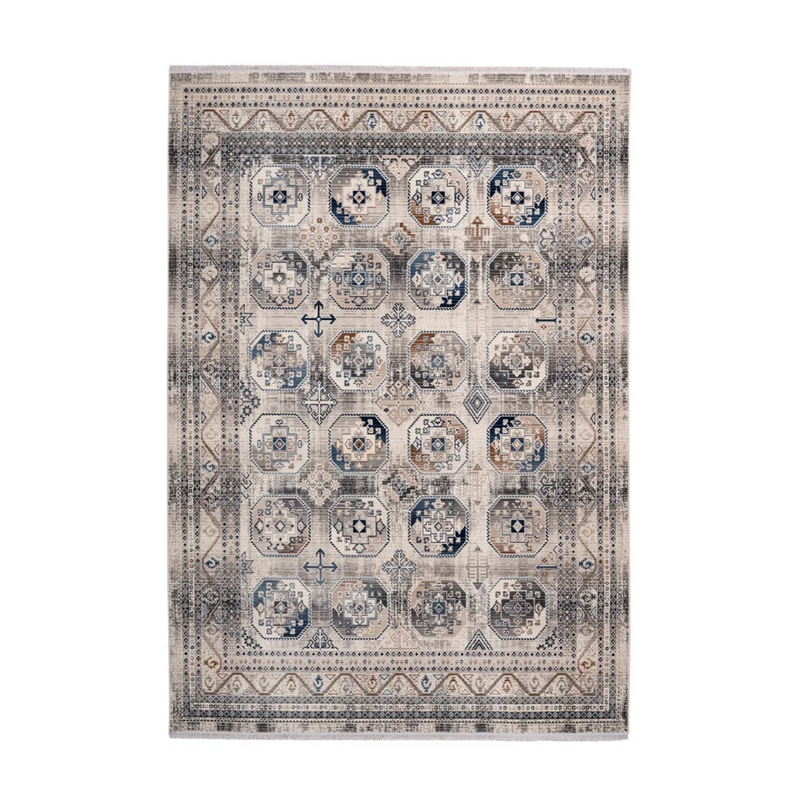 Tapis oriental à poil ras médaillons bleus et beiges