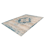 Tapis oriental rectangulaire en velours ras avec motif de médaillon bleu et crème