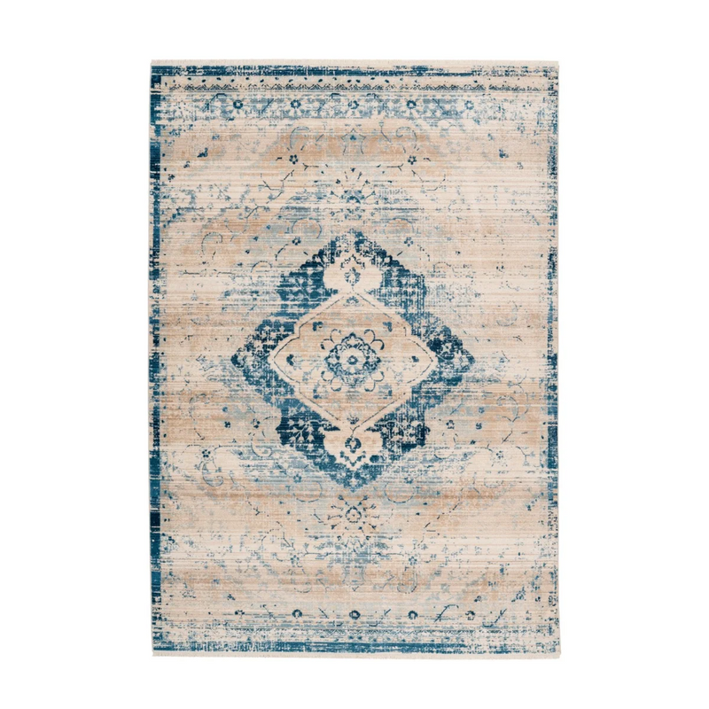 Tapis oriental rectangulaire à médaillon crème et bleu en velours ras – 120x170 cm