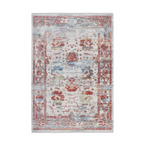 Tapis oriental rectangulaire en laine courte avec motif floral vieilli en rouge, gris et bleu