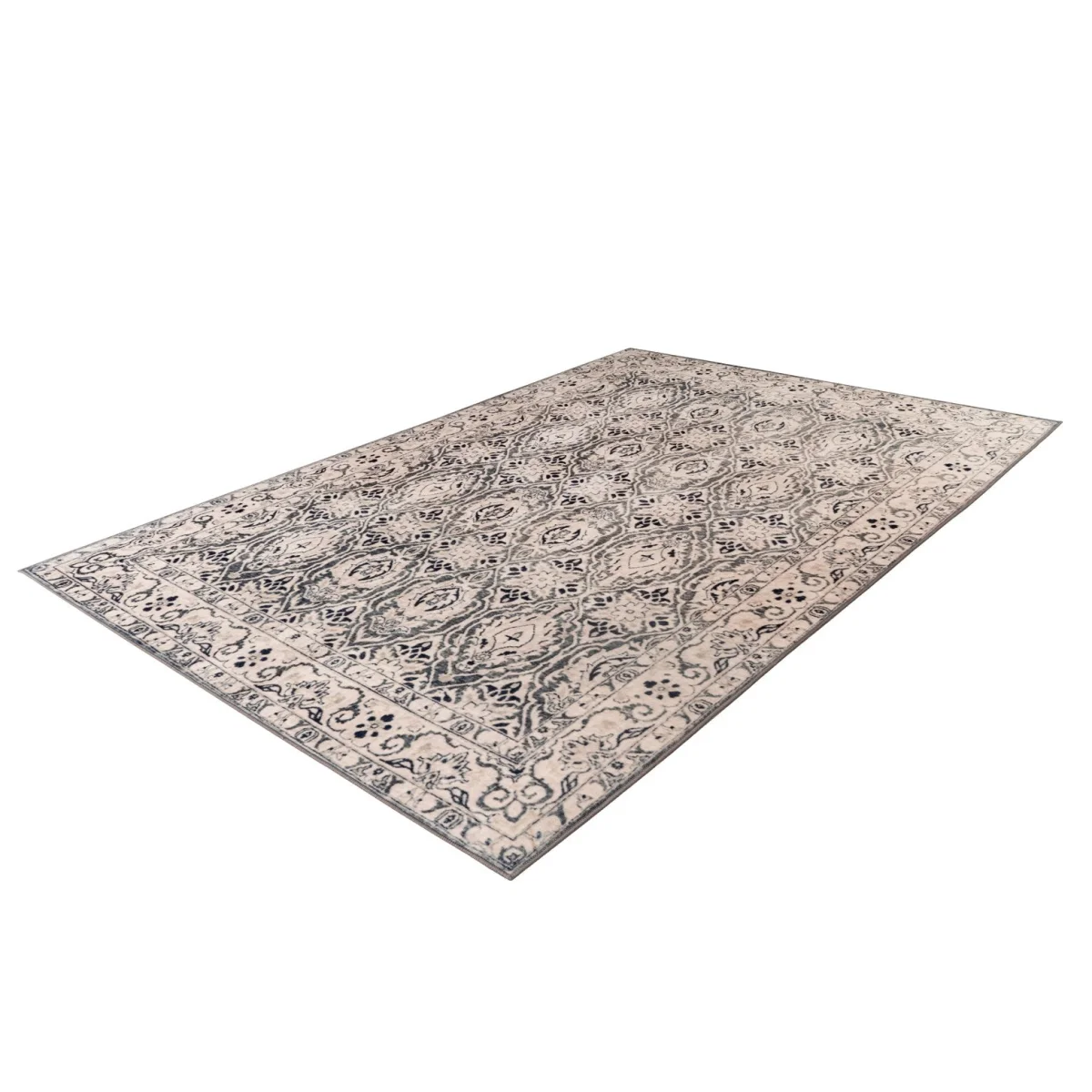 Tapis oriental rectangulaire beige motifs bleu gris velouté avec motif rectangulaire