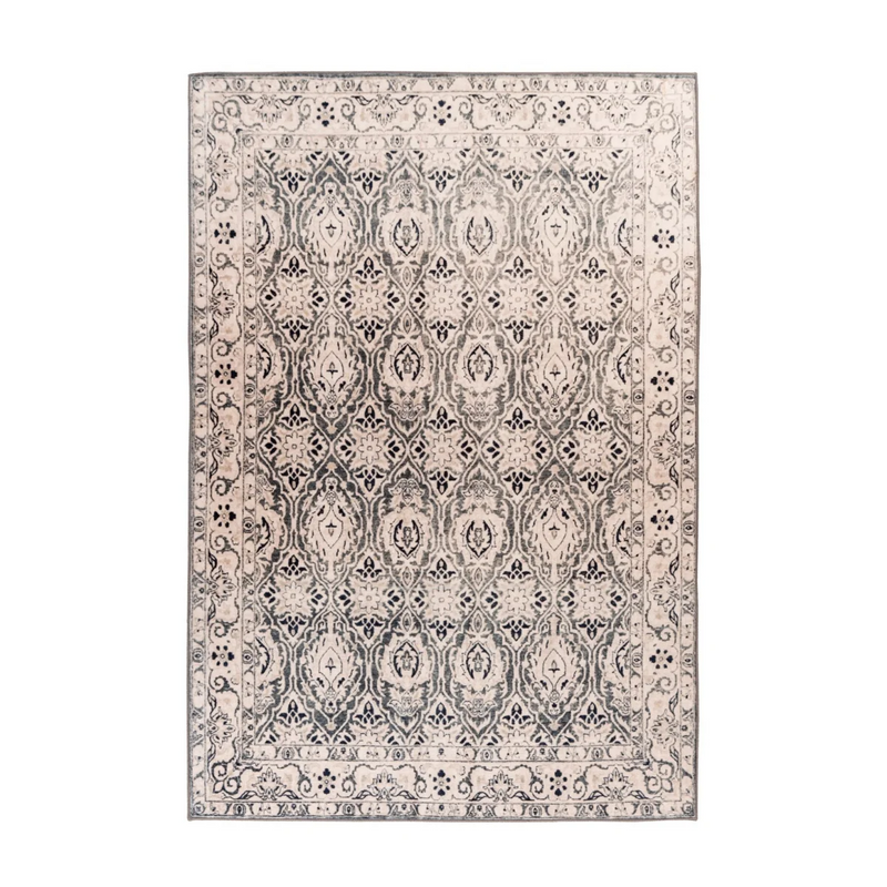 Tapis oriental rectangulaire beige motifs bleu gris velouté