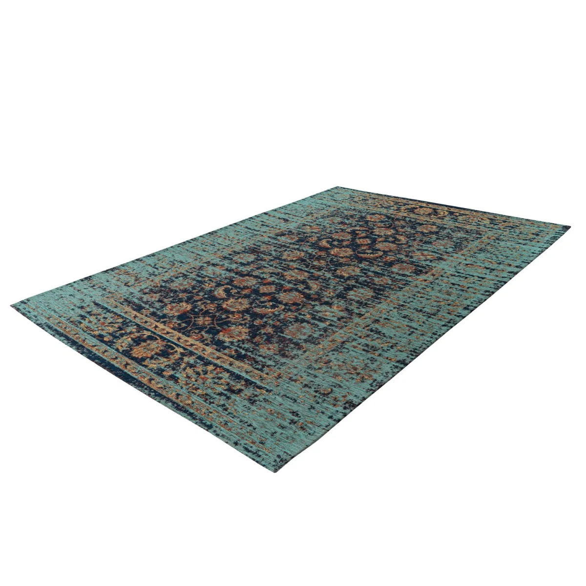 Tapis oriental rectangulaire bleu et ocre avec motif floral vieilli et fond distressé