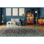 Tapis oriental rectangulaire à motif vieilli en teal, noir et orange