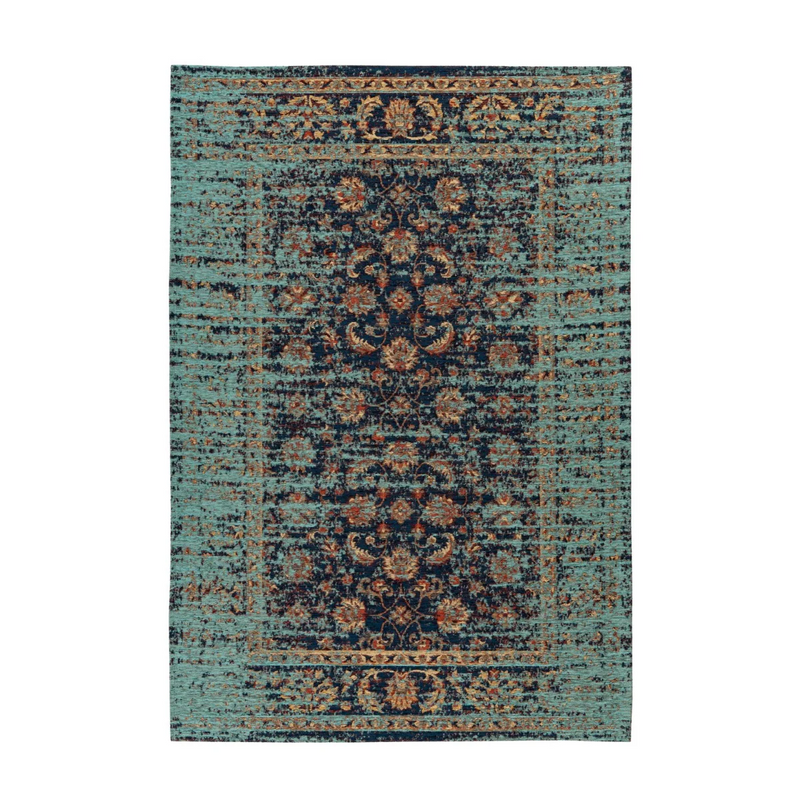 Tapis oriental rectangulaire bleu et ocre à motif vieilli