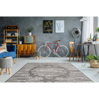 Tapis oriental rectangulaire gris effet vieilli doux avec motif distressed gris et blanc