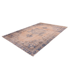 Tapis oriental rectangulaire rose poudré avec motifs floraux bleus et bord décoratif