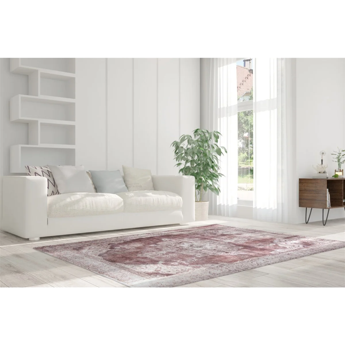 Tapis oriental rectangulaire vintage effet vieilli en bordeaux et beige 160x230 cm