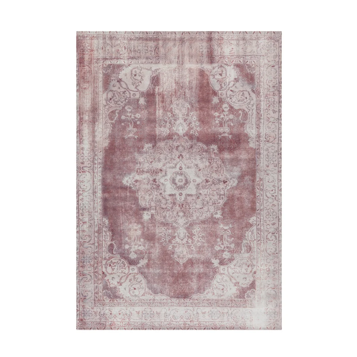 Tapis oriental rectangulaire vintage avec motif floral médallion bordeaux et beige