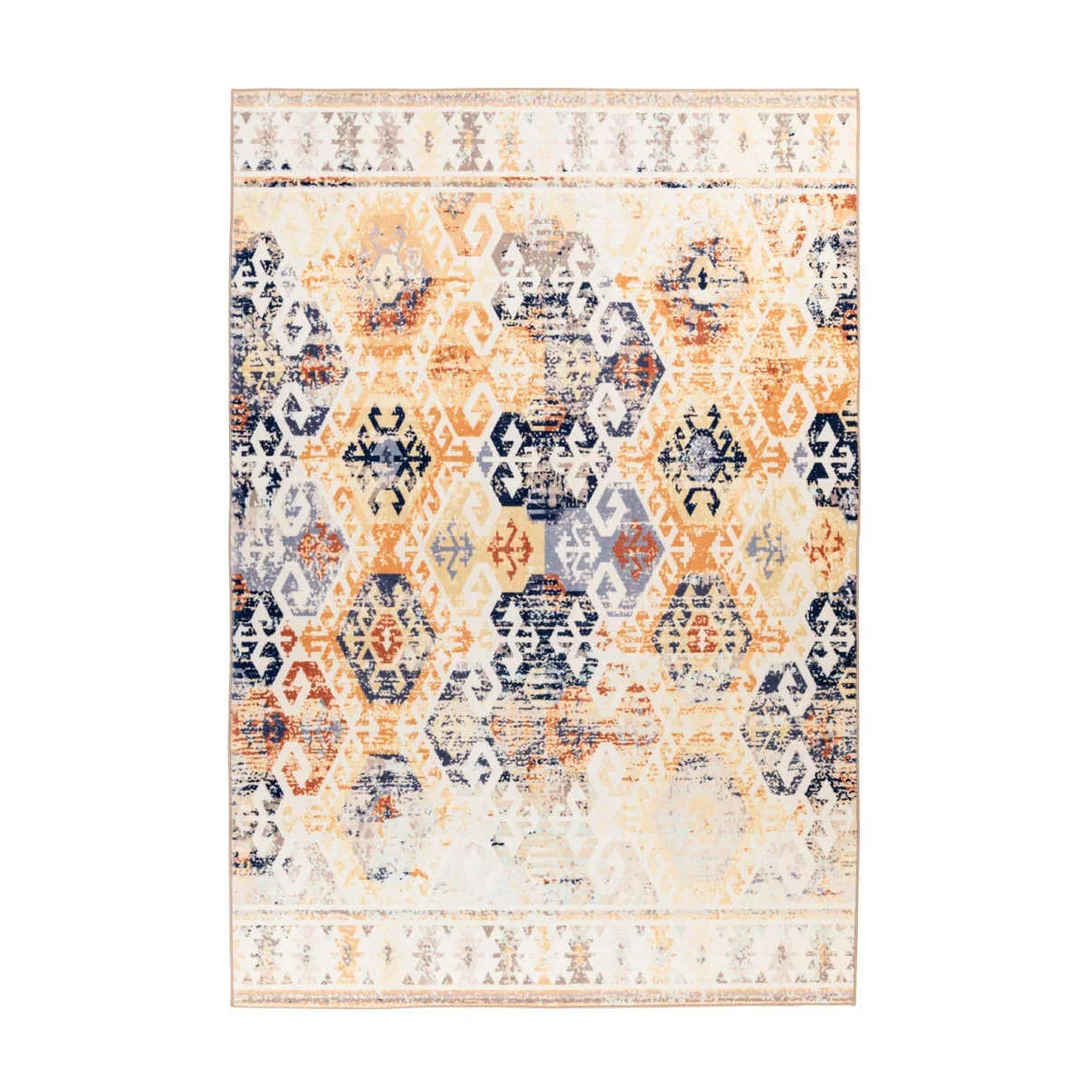 Tapis rectangulaire kilim à motifs abstraits hexagonaux orange, navy, crème 80x150 cm