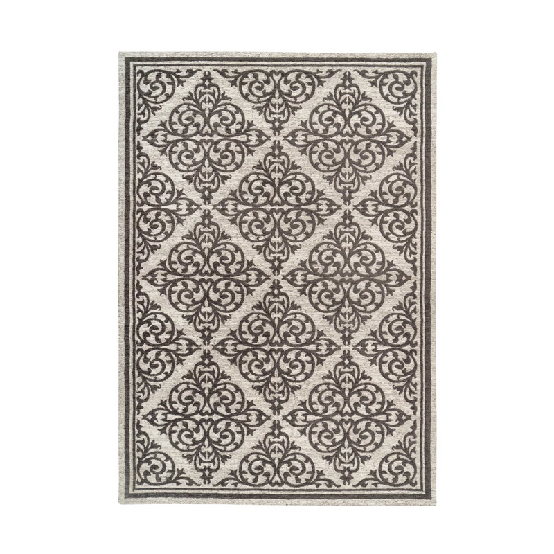 Tapis rectangulaire écru et gris à motifs damassés