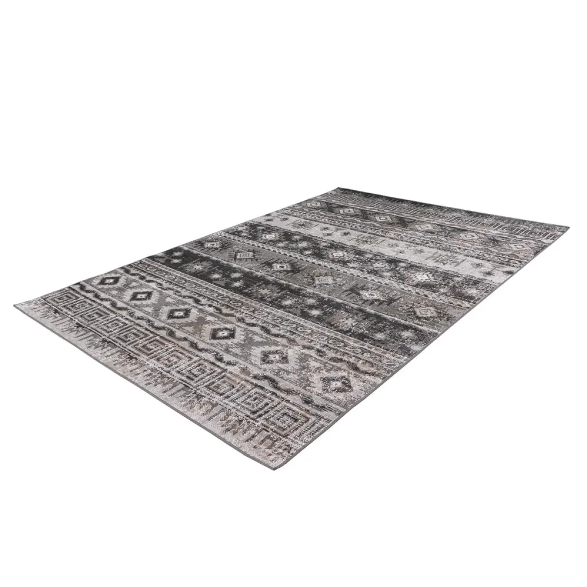 Tapis rectangulaire Ariya 300 Grau avec motif tribal en gris, noir et blanc