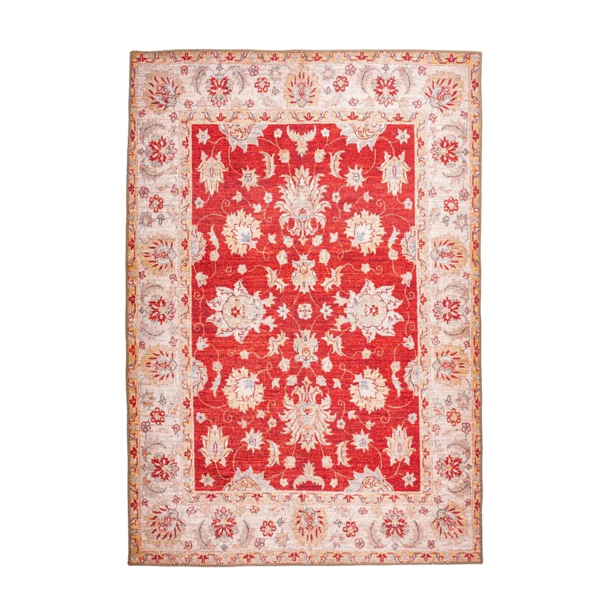 Tapis rectangulaire rouge à motifs floraux orientaux, 110x180 cm, orné de détails floraux rouges et crème