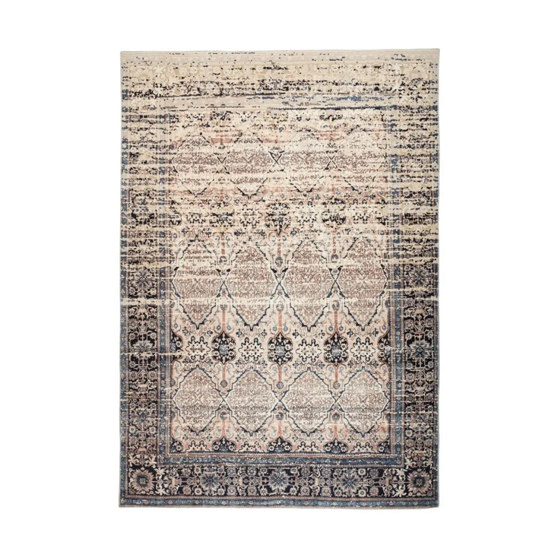 Tapis rectangulaire vintage beige et bleu à motif oriental