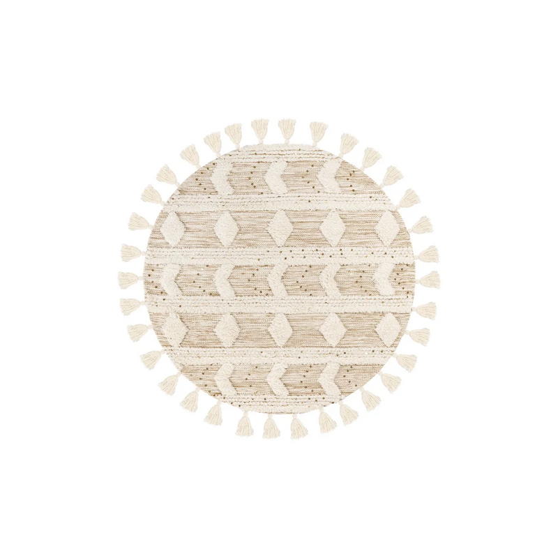 Tapis rond en laine écrue motif losange à pompons – Ø160 cm