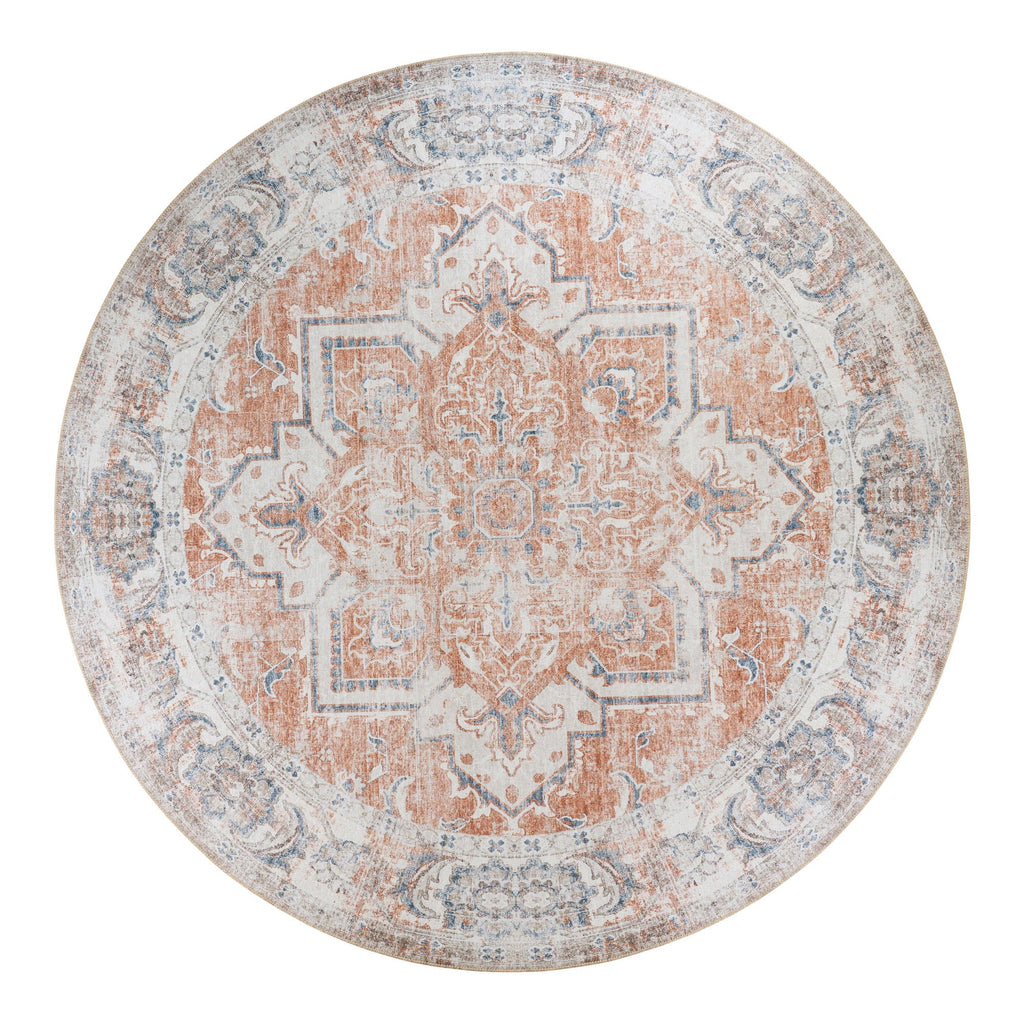 Tapis rond vintage persan orange et bleu Ø200 cm, motif corail et gris délavé