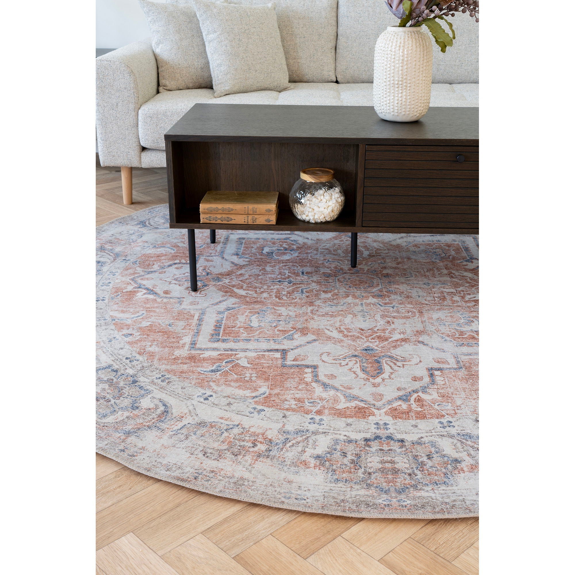 Tapis rond vintage persan orange et bleu Ø200 cm motif pêsse et gris fané