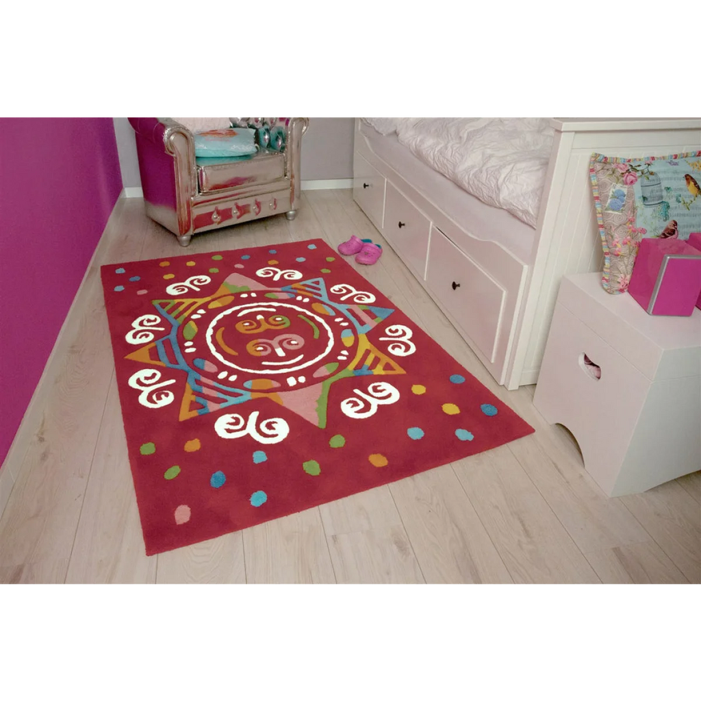 Tapis rectangulaire rouge vif avec motif coloré en forme de soleil pour Spirit Glowy AE 3145 Rot Mandala 110cm x 160cm