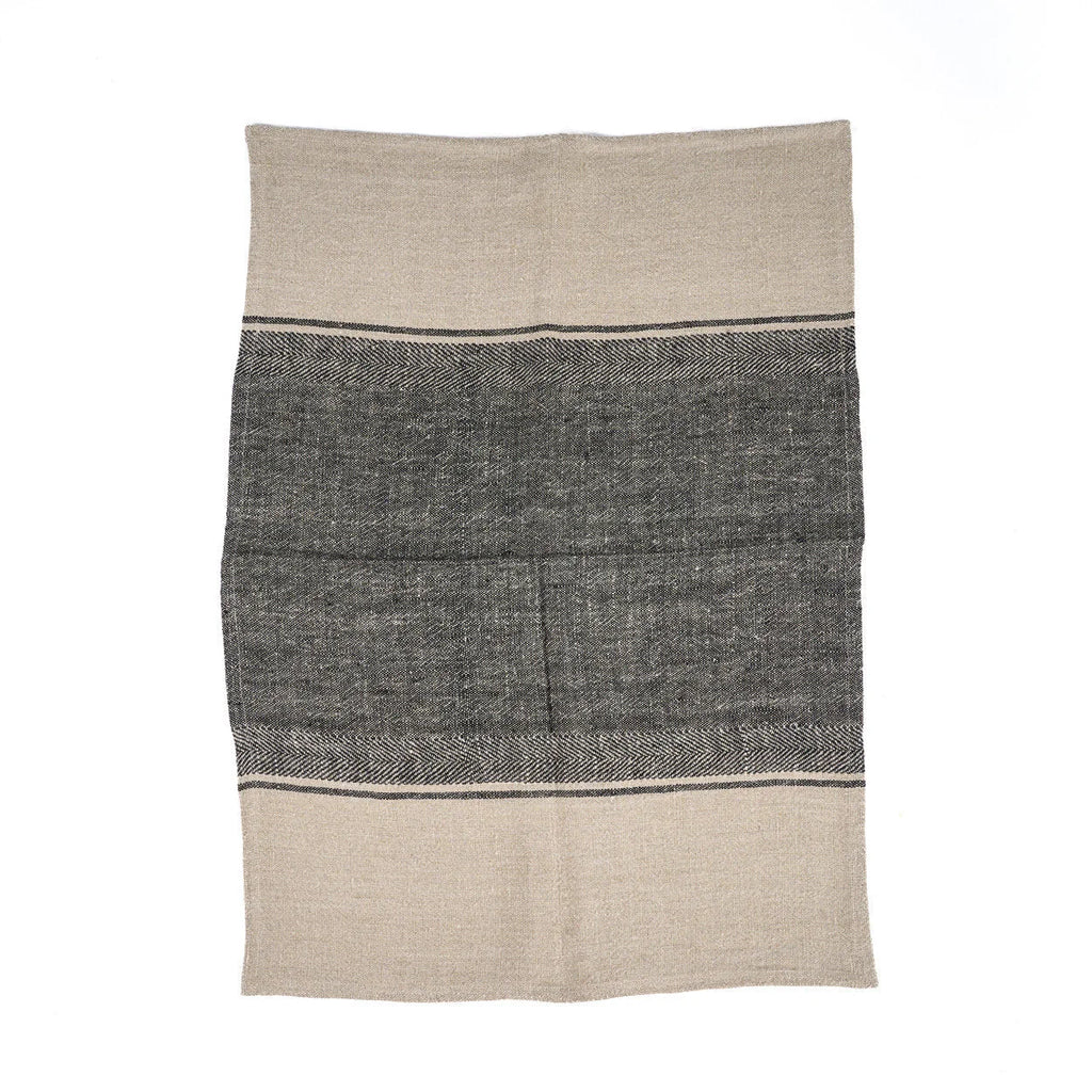 Torchon de cuisine en lin bicolore noir et beige 50x70 cm texturé