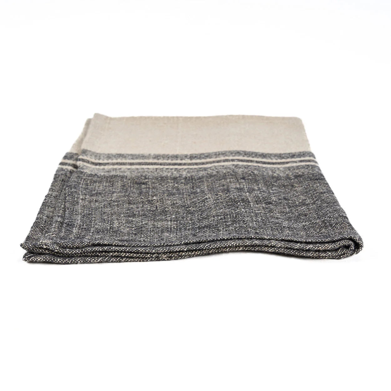 Torchon de cuisine en lin bicolore noir et beige, 50x70 cm, tissage texturé